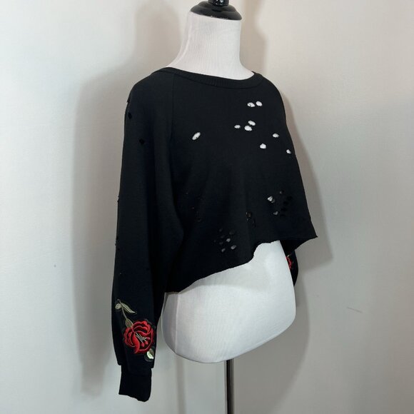 Know One Cares Cropped Sweater S Whimsigoth Embroidered Red Roses Distressed - Picture 3 of 10